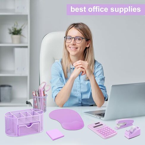 VAIPI 17 in 1 Pink Office Supplies Set Desk Organizers and Accessories with Mouse Pad, Calculator, Stapler, Tape Dispenser, Staples, Scissors, Pens, Sticky Notes, Page Markers for Office School Home in Saudi Arabia
