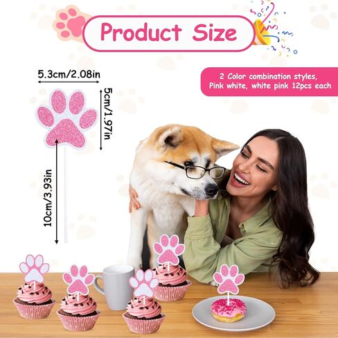 Puppy Paw Cupcake Toppers 24 Pcs Pink White Glitter Dog Paw Cake Toppers Puppy Cat Paw Cake Decorations for Boys Girls Birthday Party Puppy Cat Birthday Party Supplies in Saudi Arabia
