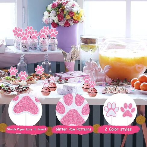 Puppy Paw Cupcake Toppers 24 Pcs Pink White Glitter Dog Paw Cake Toppers Puppy Cat Paw Cake Decorations for Boys Girls Birthday Party Puppy Cat Birthday Party Supplies in Saudi Arabia
