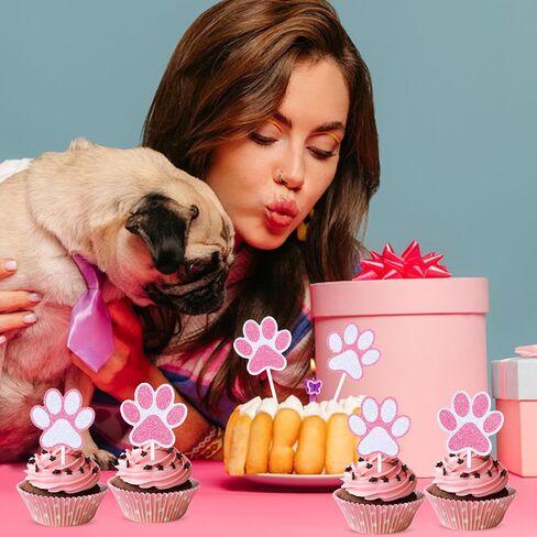 Puppy Paw Cupcake Toppers 24 Pcs Pink White Glitter Dog Paw Cake Toppers Puppy Cat Paw Cake Decorations for Boys Girls Birthday Party Puppy Cat Birthday Party Supplies in Saudi Arabia