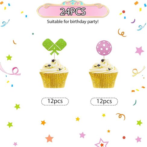 24pcs Pickleball Cupcake Toppers, Pickleball Birthday Cupcake Toppers for Kids, Pink Glitter Pickleball Cupcake Picks, Sport Themed Birthday/Retirement Party Supplies in Saudi Arabia