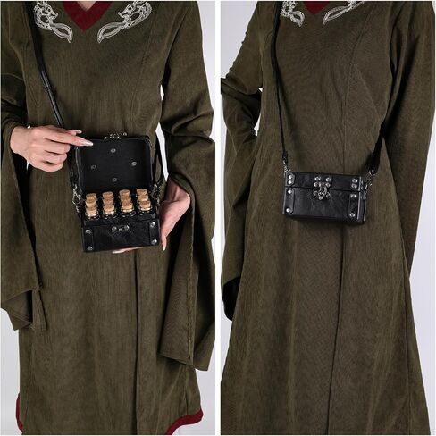 HiiFeuer Medieval Faux Leather Alchemy Box with 12 Cork Potion Vials, Fantasy Portable Crossbody Bag Jewelry Dnd Dice Holder (Brown A) in Saudi Arabia