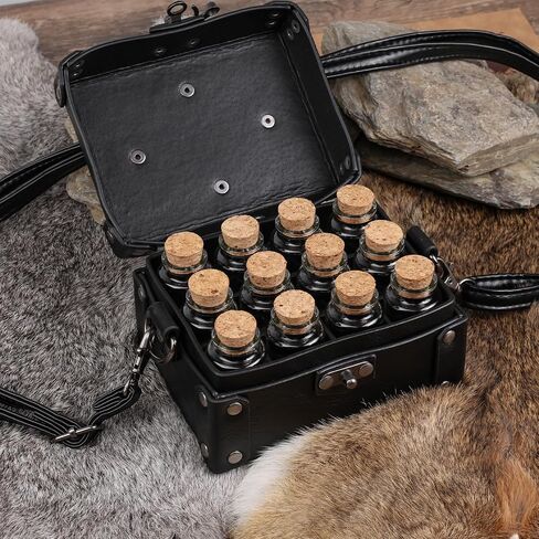 HiiFeuer Medieval Faux Leather Alchemy Box with 12 Cork Potion Vials, Fantasy Portable Crossbody Bag Jewelry Dnd Dice Holder (Brown A) in Saudi Arabia