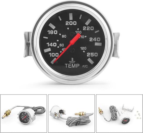 مؤشر Dyno Racing 2 بوصة 52 مم 12 فولت مقياس درجة حرارة الماء الميكانيكي (40-130 درجة مئوية، 110-265 درجة فهرنهايت)، عداد سيارة أصفر فاتح مع مستشعر NPT 1/2، طول سلك 1.8 متر in Kuwait