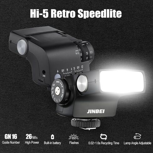 فلاش كاميرا ريترو 26 وات Hi-5، Speedlite GN16 مع أوضاع حساسة للصور S1/S2، CCT 6000K±200K، مدمج لكاميرات Sony Canon Nikon Fuji Olympus Hot Shoe in Kuwait