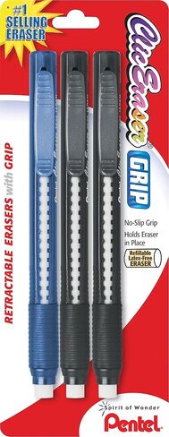 Pentel ZE21TBP3M Clic Eraser Pencil-Style Grip Erasers, White Eraser, Assorted Barrel Colors, 3 Each/Pack in Saudi Arabia