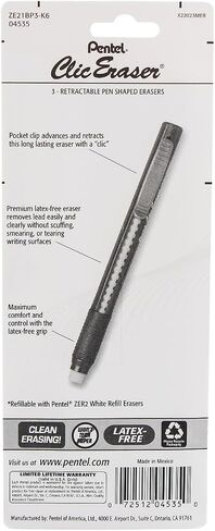 Pentel ZE21TBP3M Clic Eraser Pencil-Style Grip Erasers, White Eraser, Assorted Barrel Colors, 3 Each/Pack in Saudi Arabia