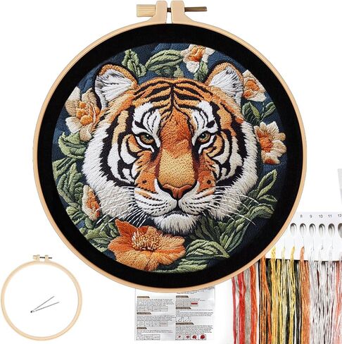FONNUY Tiger Floral Embroidery Kit, Cross Stitch Kits for Beginners, Handmade Crafts with Printed Patterns for Beginner Adults, Easy to Follow Color Thread Needlework, 8'' Hoop in Kuwait