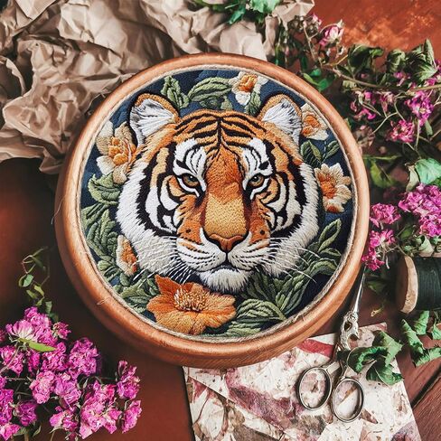FONNUY Tiger Floral Embroidery Kit, Cross Stitch Kits for Beginners, Handmade Crafts with Printed Patterns for Beginner Adults, Easy to Follow Color Thread Needlework, 8'' Hoop in Kuwait