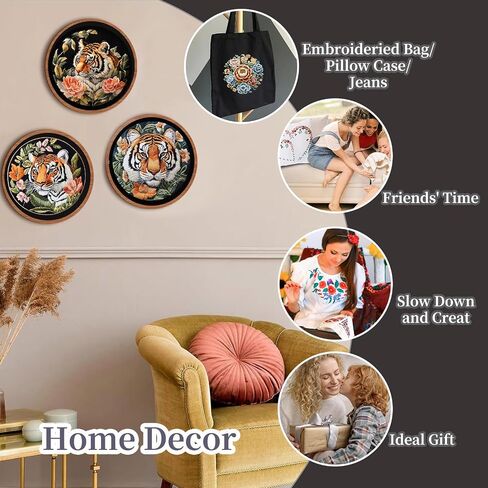FONNUY Tiger Floral Embroidery Kit, Cross Stitch Kits for Beginners, Handmade Crafts with Printed Patterns for Beginner Adults, Easy to Follow Color Thread Needlework, 8'' Hoop in Kuwait