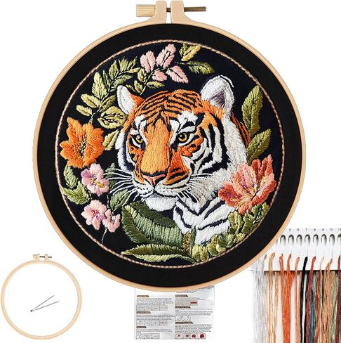 FONNUY Tiger Floral Embroidery Kit, Cross Stitch Kits for Beginners, Handmade Crafts with Printed Patterns for Beginner Adults, Easy to Follow Color Thread Needlework, 8'' Hoop in Kuwait