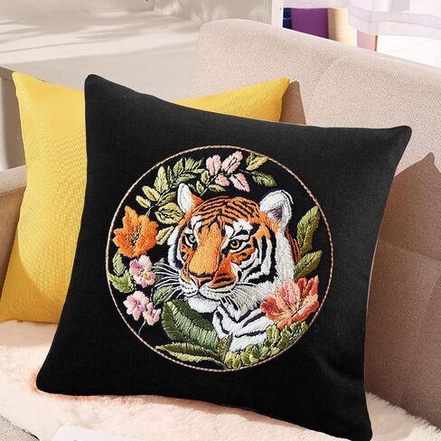 FONNUY Tiger Floral Embroidery Kit, Cross Stitch Kits for Beginners, Handmade Crafts with Printed Patterns for Beginner Adults, Easy to Follow Color Thread Needlework, 8'' Hoop in Kuwait