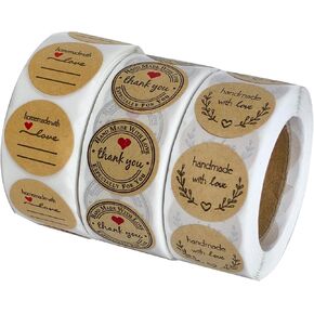 Handmade Stickers Set (1500PCS) - 1 Inch Kraft Thank You & Love Labels for Baking, Gift Packaging, Small Business - Self-Adhesive Eco-Friendly Stickers with 3 Unique Designs (Round 3 Rolls)