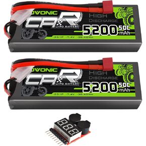 OVONIC 2s Lipo Battery 50C 5200mAh 7.4V Lipo Battery with Dean-Style T Connector for Car Truck Boat Vehicles (2 Packs)(with Lipo Voltage Checker)