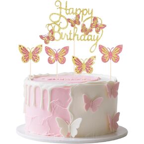3D Butterfly Cakes Toppers Decorations Happy Birthday Cake Topper with 12 Pieces Lively 3D Butterfly Cupcake Toppers for Women Birthday Wedding Party Cake Wall Party Food Decorations - Pink & Yellow