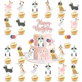 25 Pcs Dog Themed Happy Birthday Cake Toppers - Rose Gold Glitter Happy Birthday Decorations Signs, Dog Themed Party Supplies Decor Pet Puppy Face Cupcake Toppers for Kids, Boys, Girls, Baby Showers