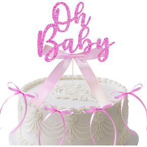 ALISSAR Oh Baby Cake Topper with 8 Pink Bows - Baby Shower & Gender Reveal Cake Decoration for Girls, Pink Bow Cupcake Toppers, Party Decorations"