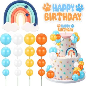 30 Pcs Blue Rainbow Cake Toppers with Blue Orange Ball Happy Birthday Cake Toppers for Birthday Wedding Party Supplies