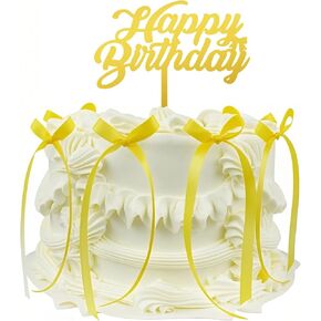 6 Pcs Bow Cake Topper with Happy Birthday Sign, Elegant Coquette Themed Black Ribbon Cake Decorations for Birthday Party, Heart Cake,Cake Decorating Supplies