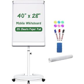 Mobile Dry Erase Board, 40x28 inches Magnetic Portable Whiteboard Stand Easel White Board with 25 Sheets Paper Pad, Height Adjustable Flipchart Easel Board for School, Office, Home