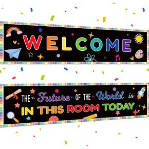 2Pcs Colorful Welcome Classroom Poster Set for Teachers Inspirational Bulletin Board Poster 47.2in 11.8in / 120cm 30cm Back to School Banner Classroom Decor for Kindergarten Primary School