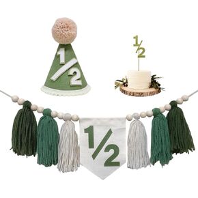 Half Birthday Decorations Girl Pastel Pink Sage Green 1/2 High Chair Banner with Half Cone Hat for 6 Month 1/2 Birthday Decoration