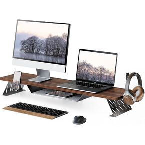 Fenge Dual Monitor Stand, 42.5 Inch Monitor Riser for Desk, Wood Desk Shelf for 2 Monitors, 2 Tier Monitor Shelf with Headphone Stand & Phone Holder
