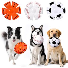 Abbylike 3 Pcs Doggy Disc Balls, Chewable Foldable Pet Toy Flying Saucer Ball with Baseball Soccer Basketball Design, Throw Dog Flying Disc Magic Toy for Outdoor Game