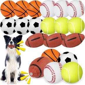 15 Pcs Squeaky Dogs Balls Bulk 2.4in Latex Dog Squeaky Toy Soft Rubber Dog Ball Floating High Bouncy Soccer Tennis Basketball Baseball Football Ball Toy for Aggressive Chewers Small Medium Large