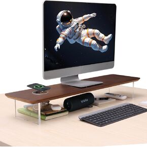 SUIBIAN Monitor Stand with Wireless Charging & Acrylic Legs - 31.5-Inch Wood Monitor Riser for Computer, Desk Organizer for Laptop, PC, TV - Office Desk Accessories (White Oak)