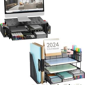 gianotter 4-Tier Paper Letter Tray and Computer Monitor Stand Riser (Black)