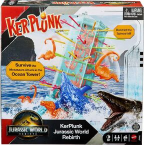 Mattel Games Kerplunk Jurassic World Rebirth Game for Kids & Family with Ocean Tower and Spinosaurus Figures Inspired by The Movie