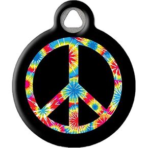 Dog Tag Art Tie Dye Peace Symbol Custom Pet ID Tag for Dogs and Cats, Silent Polymer Coated Stainless Steel Nametag - Large 1.25" Diamter