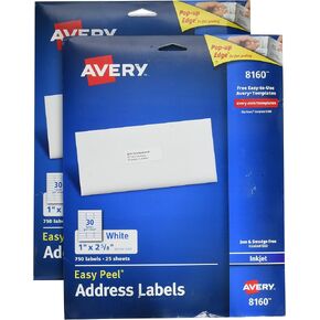 Avery Easy Peel Address Labels for Inkjet Printers, 1 x 2.62 Inch, White (08160) (2 Boxes of 750 Labels)