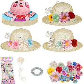 12 Set DIY Tea Party Hats for Girls Straw Hat with Artificial Flowers Home School Creative Craft Art Painting Hats Cowboy Dress Up Straw Hat Mother‘s Day Tea Birthday Party Decoration Favors Supplies