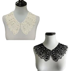 2 Pack Casual Lace Collar with Bead Clip Decorative Spread False Collar Choker Blouse Collar Neck Line Embroidery Neckband for Halloween Judge RBG Costume Clown Fit Church Dress Black/White