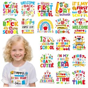 Back to School Iron on Transfers - 20 Sheets First Day DTF Ready to Press 1st Day of School Heat Transfer Designs Stickers Patches Vinyl Decals Paper for T Shirts Clothes Applique DIY Crafts