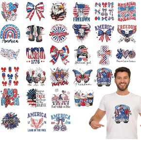 30 Sheets 4th of July Iron on Transfers for T-Shirts, Patriotic DTF Transfers Ready to Press Heat Transfers Vinyl, Iron on Patches Decals for Clothes Bag Hoodie Pillow Covers DIY Crafts