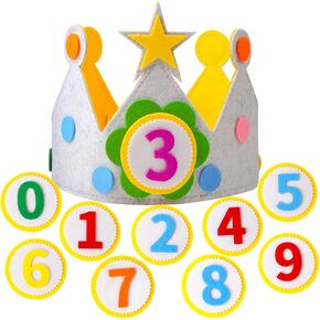 Birthday Crown Hat With Numbers Felt Crown Birthday Hats Birthday Crown Boy 3D Stickers Fabric Crown 0-9 Replaceable Numbers Birthday Cake Hat Party Decorations for Birthday
