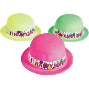 Neon Happy Birthday Derby Hats - 12 Bright Colored Party Hats - Party Supplies
