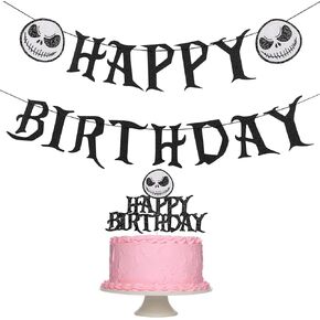 Jack Skellington Birthday Banner and Jack Skellington Cake Topper for Horror Movie Birthday Banner Party Decorations