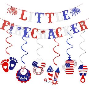 Red White and Blue Glitter Little Firecracker Banner, Little Firecracker First Birthday Banner 4th of July 1st Birthday Banner for Little Firecracker 4th of July Birthday Party Decorations