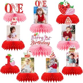 Strawberry 1st Birthday Decorations - 10 Pcs Pink and Red Sweet Berry DIY Photo Honeycomb Table Topper Centerpiece Decor Set First Party Supplies for One Years Old Baby Girl