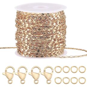 Beebeecraft 1 Box 33 Feet 10M Link Chains 18K Gold Plated Oval Chunky Link Necklace with 20Pcs Lobster Claw Clasps 50Pcs Jump Rings for Jewelry Chain Making