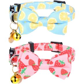 2 Pcs Cat Collar with Bow Tie and Bell, Cotton Adjustable Lemon Strawberry Summer Collars, Cat Bow Tie Cute Accessories for Girl Cats Boy Male Cats