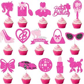 24pcs Hot Pink Girl Party Cupcake Toppers Glitter Pink Birthday Party Cake Decorations Princess Theme Birthday Cupcake Picks for Girl Theme Party Bachelorette Party Supplies