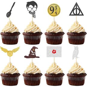 Glitter Magic Wizard Cupcake Toppers 32 PCS - Wizard Theme Baby Shower and School Birthday Party Cake Decorations Supplies