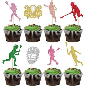 RSSTARXI 24 Pack Black Glitter Lacrosse Cupcake Toppers Toppers Lacrosse Party Decorations for Boys Lacrosse Player Cupcake.