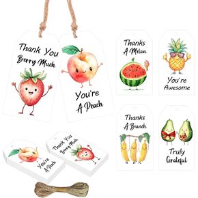 Serencatcher 60Pcs Fruit Funny Thank You Tags with String, Thank You Berry Much Thanks a Melon You're Awesome You're a Peach Truly Grateful Gift Tags Labels for Teacher Employee Appreciation