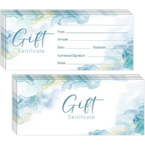 Blank Gift Certificates for Business Bule Watercolor Certificate Cards,Vouchers Coupon Card for Restaurant Salon Spa Wedding Birthday, 25 PCS 8x3.5 inches Card -07